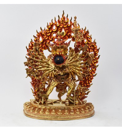 Hand Made Copper Alloy with 24 Karat Gold Gilded and Hand Painted Face 13.25" Kalachakra Statue 