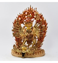 Hand Made Copper Alloy with 24 Karat Gold Gilded and Hand Painted Face 13.25" Kalachakra Statue 