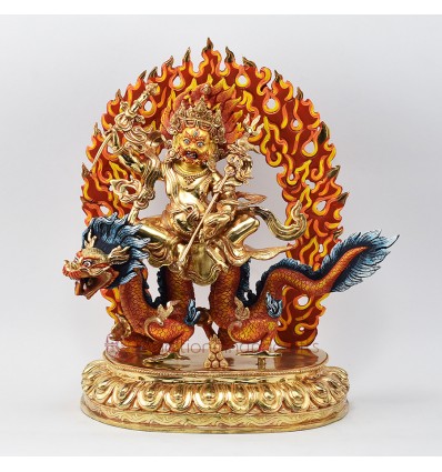 Hand Made Copper Alloy with Gold Gilded 12.5" White (Dragon) Dzambhala Statue