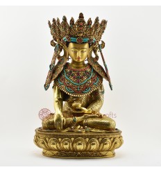 Tibetan Buddhist Copper Alloy with Gold Gilded, Hand Painted Face 19" Shakyamuni Buddha Statue