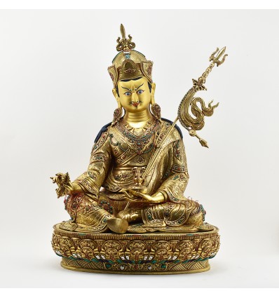 Tibetan Buddhist Copper Alloy with Gold Gilded, Hand Painted Face  19.75" Guru Rinpoche Statue