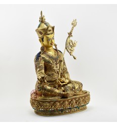 Tibetan Buddhist Copper Alloy with Gold Gilded, Hand Painted Face  19.75" Guru Rinpoche Statue