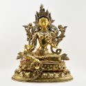 Tibetan Buddhist Copper Alloy with Gold Gilded, Hand Painted Face 21" Green Tara Statue