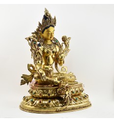 Tibetan Buddhist Copper Alloy with Gold Gilded, Hand Painted Face 21" Green Tara Statue