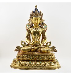 Tibetan Buddhist Copper Alloy with Gold Gilded, Hand Painted Face 20.5" Aparmita Statue