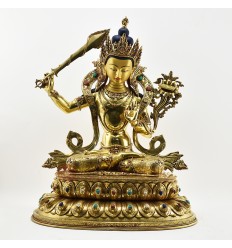 Tibetan Buddhist Copper Alloy with Gold Gilded, Hand Painted Face  20.5" Manjushri Statue