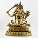 Tibetan Buddhist Copper Alloy with Gold Gilded, Hand Painted Face  20.5" Manjushri Statue