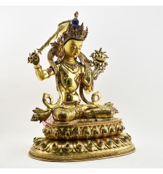 Tibetan Buddhist Copper Alloy with Gold Gilded, Hand Painted Face  20.5" Manjushri Statue