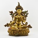 Tibetan Buddhist Copper Alloy with Gold Gilded, Hand Painted Face 19" Green Tara Statue