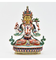 Hand Painted Copper Alloy with 24 Karat Gold Gilded 8.5" Chenrezig Four Armed Avalokiteshvara Statue