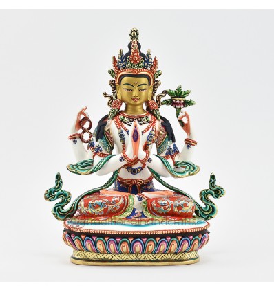 Hand Painted Copper Alloy with 24 Karat Gold Gilded 8.5" Chenrezig Four Armed Avalokiteshvara Statue