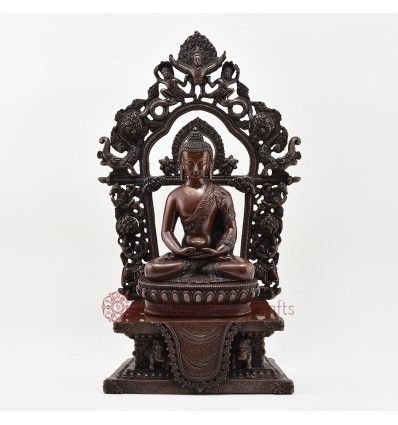 Hand Made Copper Alloy in Oxidation Finish 16.75" Amitabha Buddha on Throne Sculpture