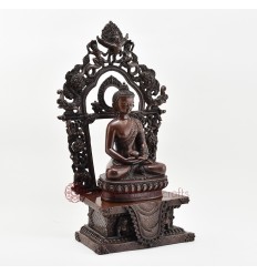 Hand Made Copper Alloy in Oxidation Finish 16.75" Amitabha Buddha on Throne Sculpture