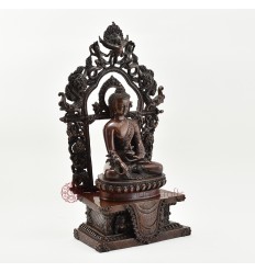 Hand Made Copper Alloy in Oxidation Finish 17" Medicine Buddha on Throne Sculpture