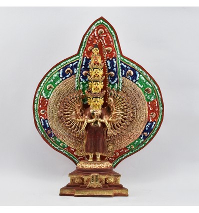 Hand Made Gold Gilded and Hand Painted Face 15.25" Thousand Armed Avalokiteshvara Statue