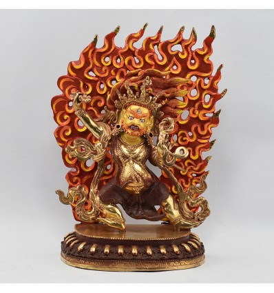 Hand Made Copper Alloy 24 Karat Gold Gilded and Hand Painted Face 10.25" Vajrapani Statue