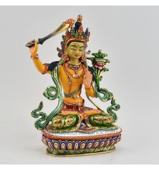 Hand Painted Copper Alloy with 24 Karat Gold Gilded 8.5" Manjushri Jambiyang Statue