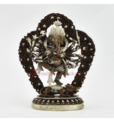 Silver Plated Copper Alloy in Oxidation Finish 7" 12-Armed Ganesha Statue