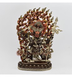 Hand Made Silver Plated Copper Alloy in Oxidation Finish and Painted 14" Four Armed Chuchepa Mahakala Statue