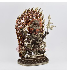 Hand Made Silver Plated Copper Alloy in Oxidation Finish and Painted 14" Four Armed Chuchepa Mahakala Statue