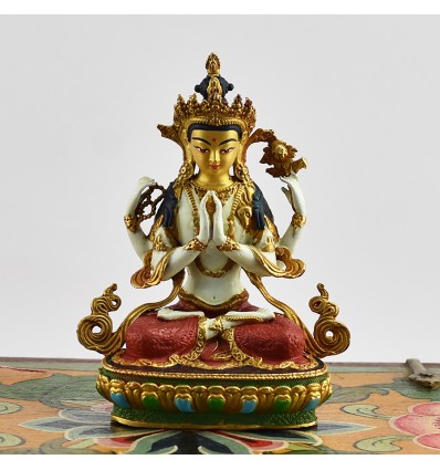 Machine Made with Hand Finishing Touch, Gold Plated Copper Alloy 4" Colorful Chenrezig Buddha Statue