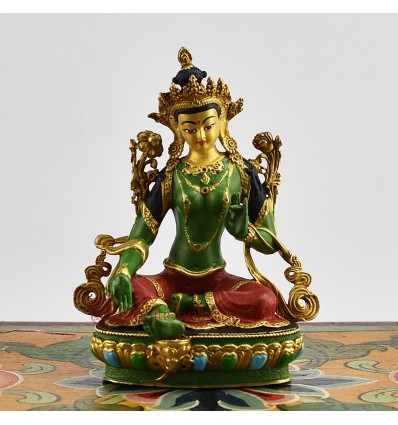 Machine Made with Hand Finishing Touch, Gold Plated Copper Alloy 3.75" Colorful Green Tara Statue