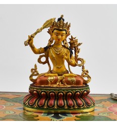 Machine Made with Hand Finishing Touch, Gold Plated Copper Alloy 3.75" Painted Manjushri Statue