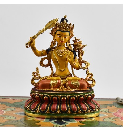 Machine Made with Hand Finishing Touch, Gold Plated Copper Alloy 3.75" Painted Manjushri Statue