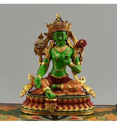 Machine Made with Hand Finishing Touch, Gold Plated Copper Alloy 3.75" Colorful Green Tara Statue