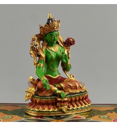 Machine Made with Hand Finishing Touch, Gold Plated Copper Alloy 3.75" Colorful Green Tara Statue