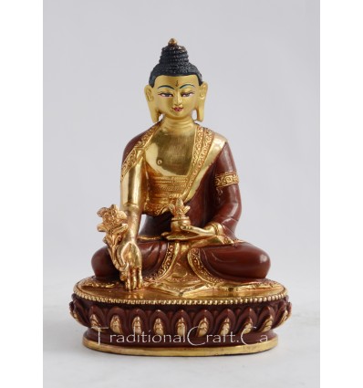 FINE QUALITY 6" MEDICINE BUDDHA GOLD GILDED WITH FACE PAINTED COPPER STATUE FROM PATAN, NEPAL