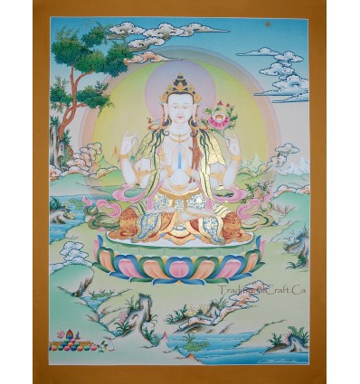 Fine Quality 26.5" x 20.5" Chenrezig Avalokiteshvara Tibetan Karmakoti Thangka/Thanka Painting from Patan, Nepal