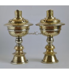 12" Tibetan Buddhism Brass Butter Lamps Set with Fine Hand Carvings from Nepal