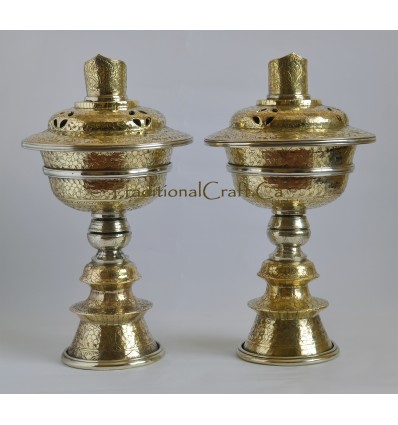 12" Tibetan Buddhism Brass Butter Lamps Set with Fine Hand Carvings from Nepal