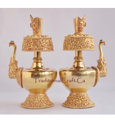 9" Tibetan Buddhism 24 K Gold Gilded Copper Alloy Sacred Vase Bhumpa Set Nepal