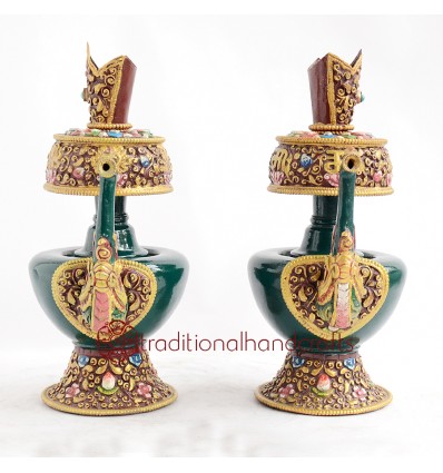 Fine Quality Tibetan Buddhism 8" Beautifully Hand Painted Copper Alloy Bhumpa Sacred Vase Set