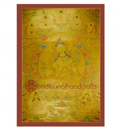 44"x30.5" Gold Green Tara Thangka Painting