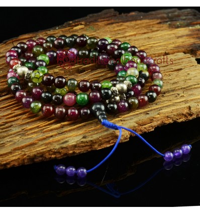 8 mm Tourmaline 108 Beads Mala with Metal Partition Beads and a Black Onyx Guru Bead