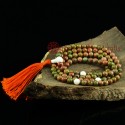 8 mm Unakite 108 Beads Mala with Conch Shell Partition Beads and a Conch Shell Guru Bead