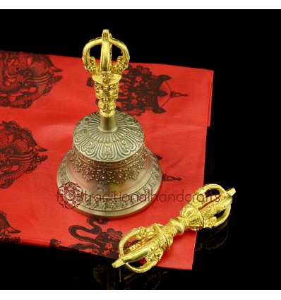 Fine Quality Tibetan Buddhist 6.25" Vajra & Bell Set Copper and Bronze Alloy  with gold plated  from Patan, Nepal